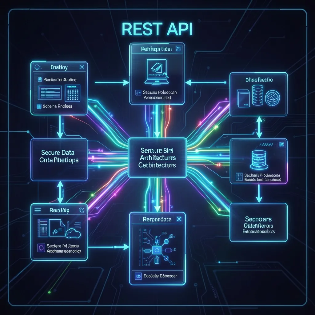 REST API architecture connecting applications, databases, and services for secure data exchange.